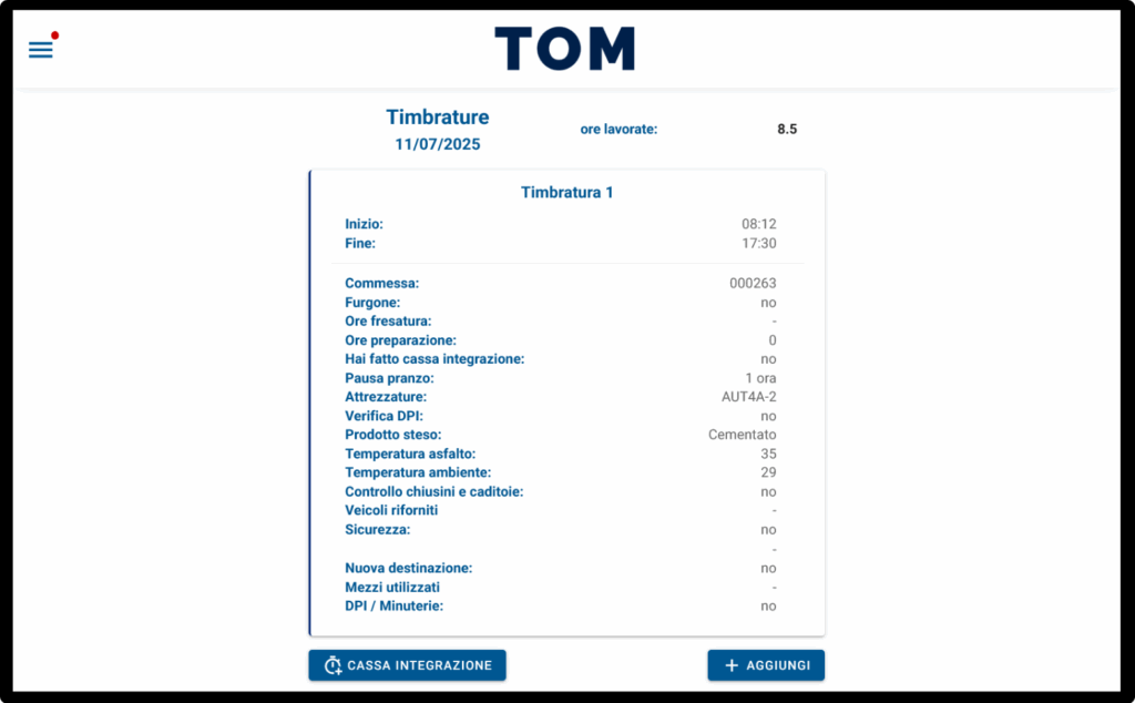 Schermata del software TOM che ritrae funzionalità timbratura geolocalizzata
