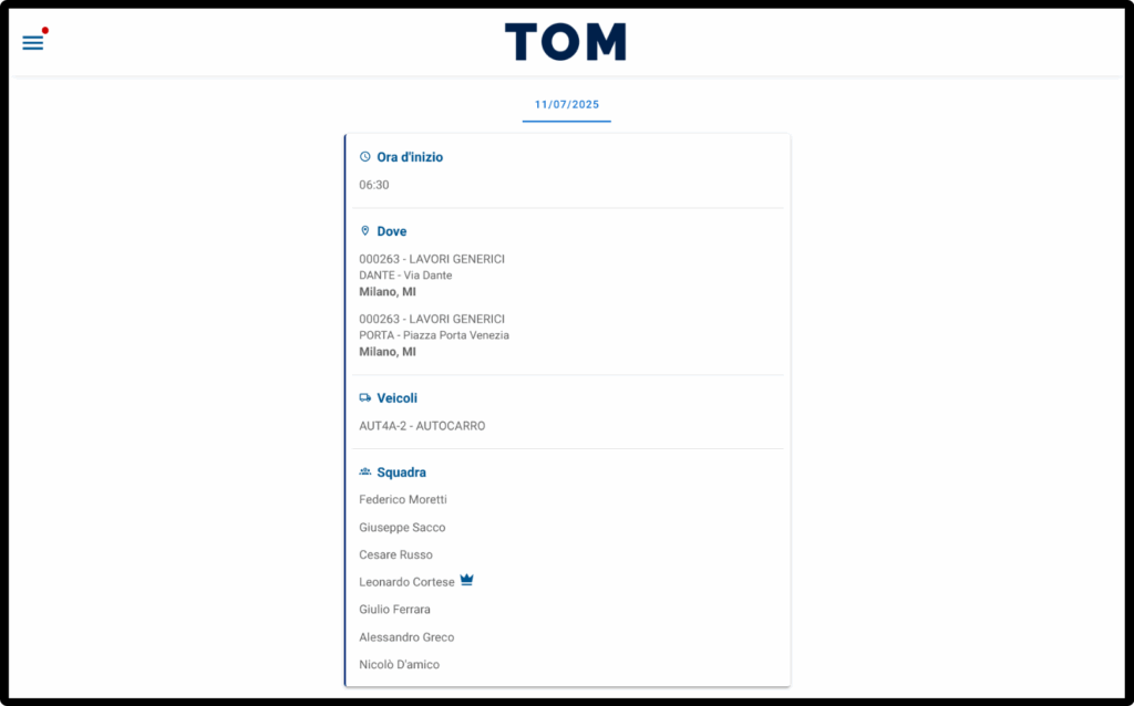 Schermata del software TOM da tablet che ritrae la funzionalità Visualizzazione degli interventi giornalieri