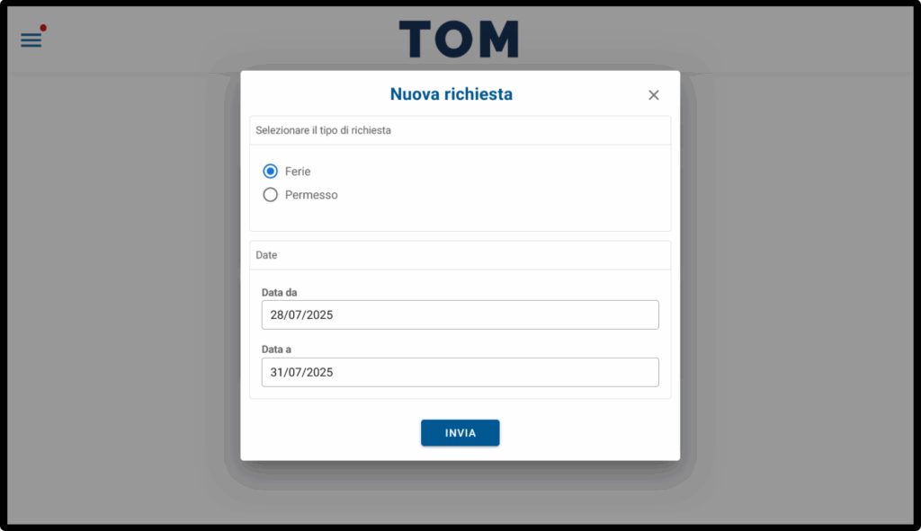 Schermata del software da tablet che ritrae la funzionalità Gestione e richiesta permessi, ferie, malattia