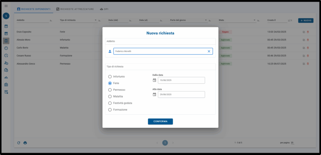 Screen del software TOM che ritrae il processo di gestione ferie, permessi e assenze della soluzione TOM