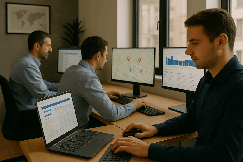 Ufficio amministrativo con sovrapposizione dello screen TOM per l’integrazione con gestionali della logistica