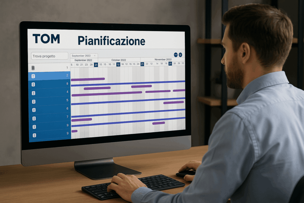 Pianificatore che assegna commesse e risorse tramite il software TOM