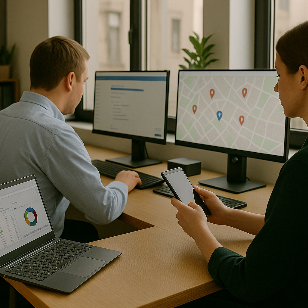 Tre membri dell’amministrazione che lavorano al pc con Integrazione con gestionali aziendali