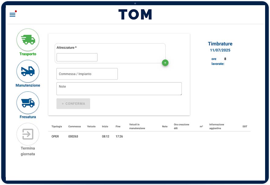 Schermata con funzionalità per la gestione delle attività e personale sul territorio del software gestione interventi TOM