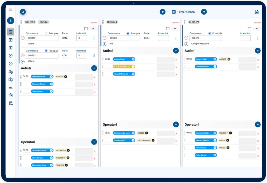 Schermata del software TOM con funzionalità di gestione interventi, personale e mezzi sul territorio